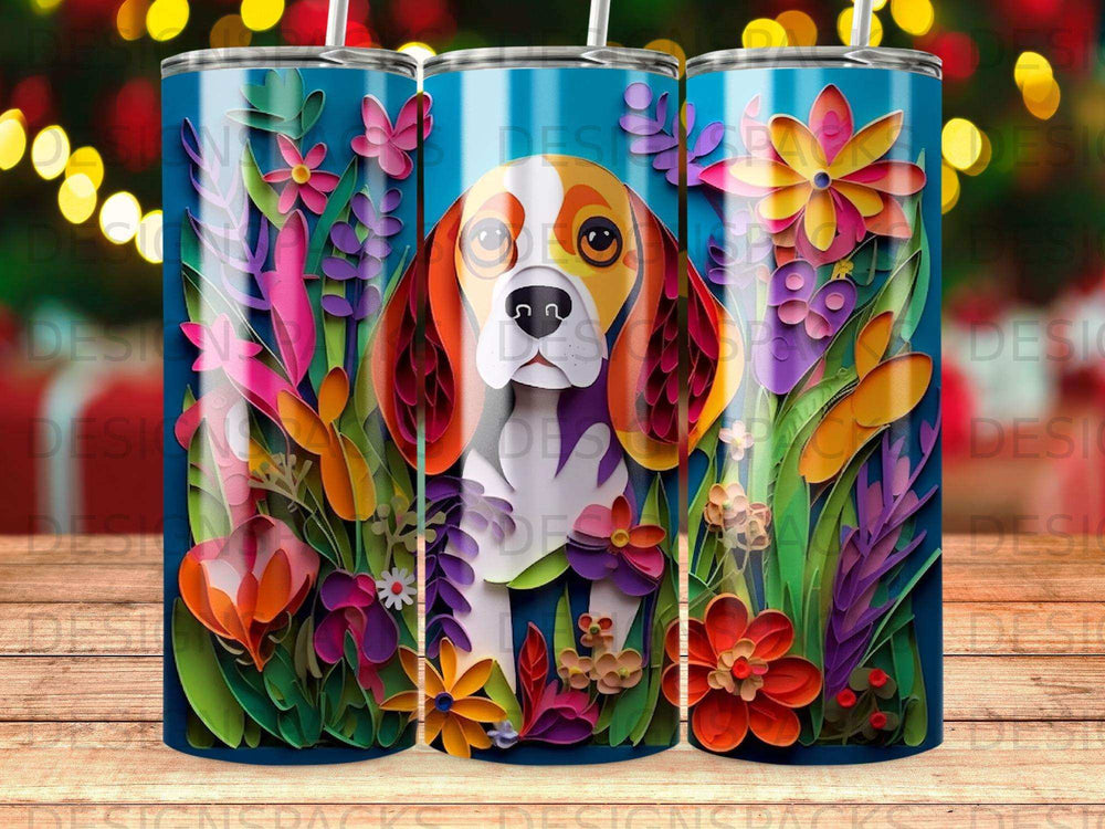 Beagle dog surrounded by colorful flowers and plants.