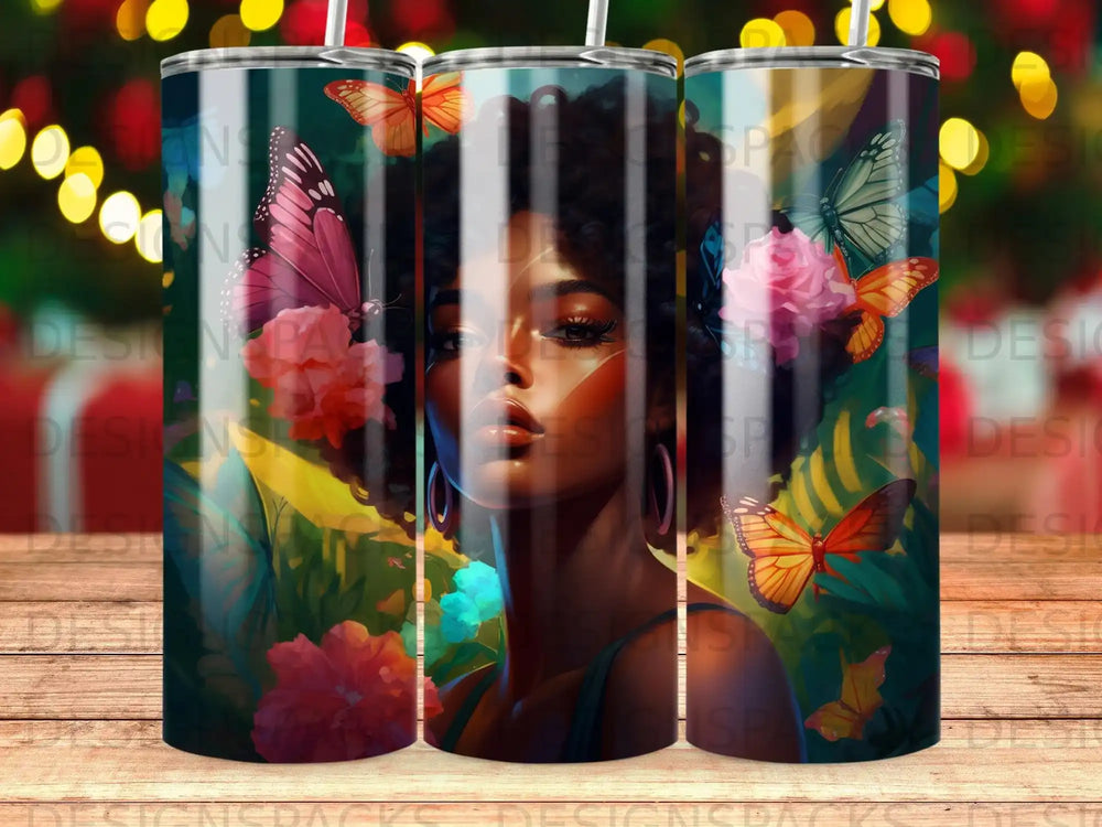 Woman with butterflies and flowers on a patterned tumbler.