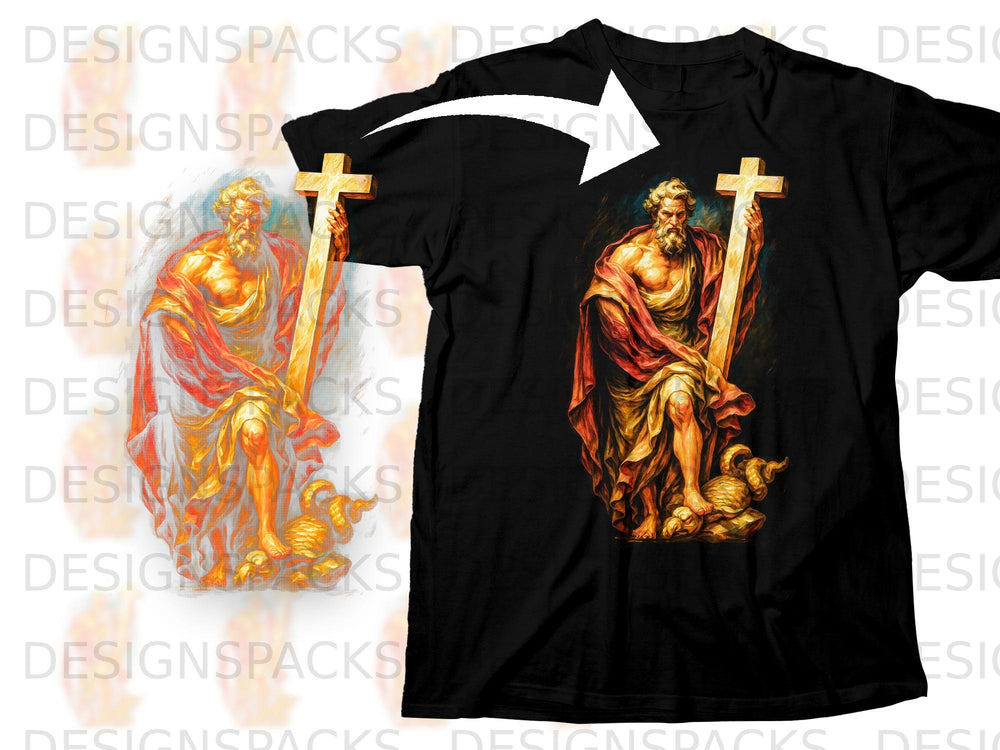 Black t-shirt with painting of man holding cross and a dragon.