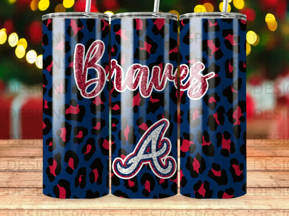 Blue and red leopard print tumbler with Braves logo.