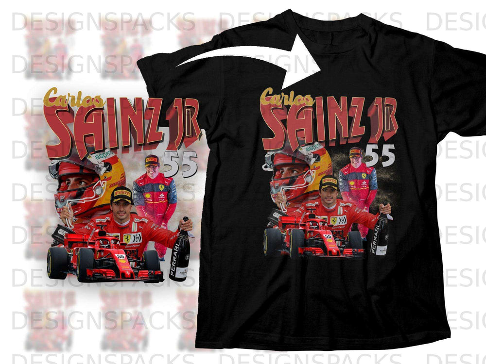 Carlos Sainz Jr. Ferrari F1 racing shirt with driver image and sponsor logos.