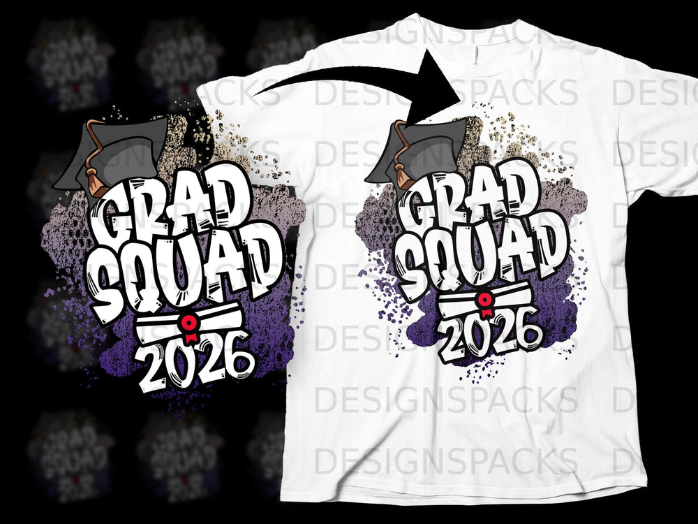 Grad Squad 2026 design with graduation cap and diploma on a white t-shirt.