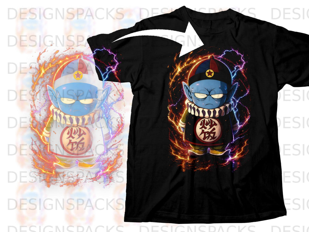 Black t-shirt with a blue anime character wearing a hat and ornate collar.