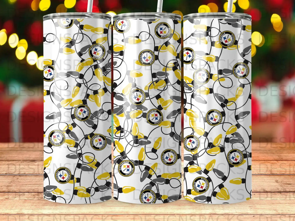 Three tumblers with Pittsburgh Steelers logo and Christmas lights pattern.