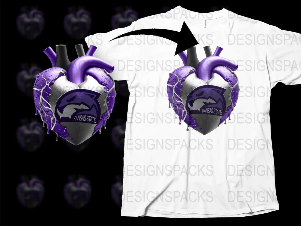 Kansas State Graphic T-Shirt, 3D Heart Design, Purple Silver College Logo, Unisex Fashion Tee