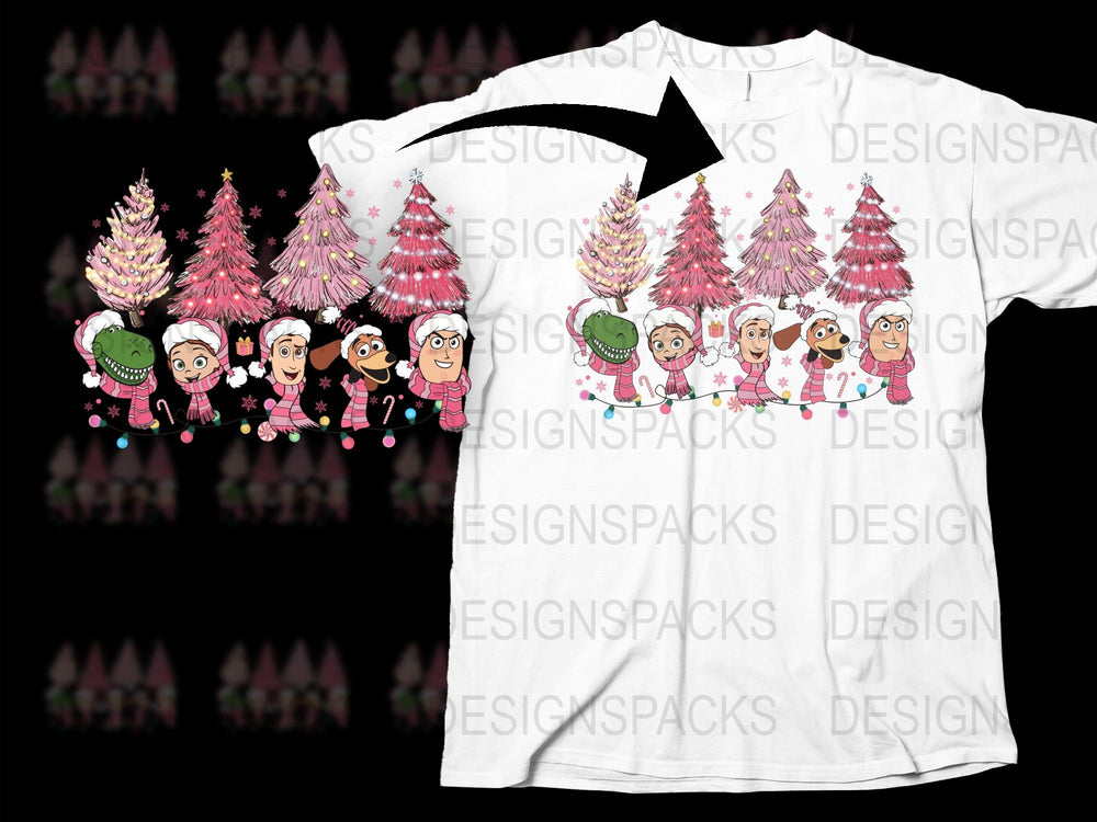 Festive Christmas T-Shirt, Cute Santa and Elves, Pink Tree Holiday Gift, Family Matching Tees