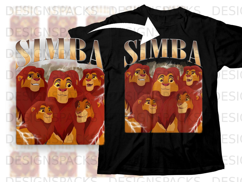 The Lion King characters Simba, Mufasa, and other lions with lightning in the background.