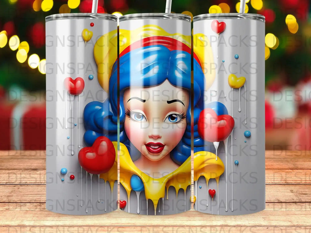 Snow White-inspired character on a tumbler, with colorful hearts and drips.