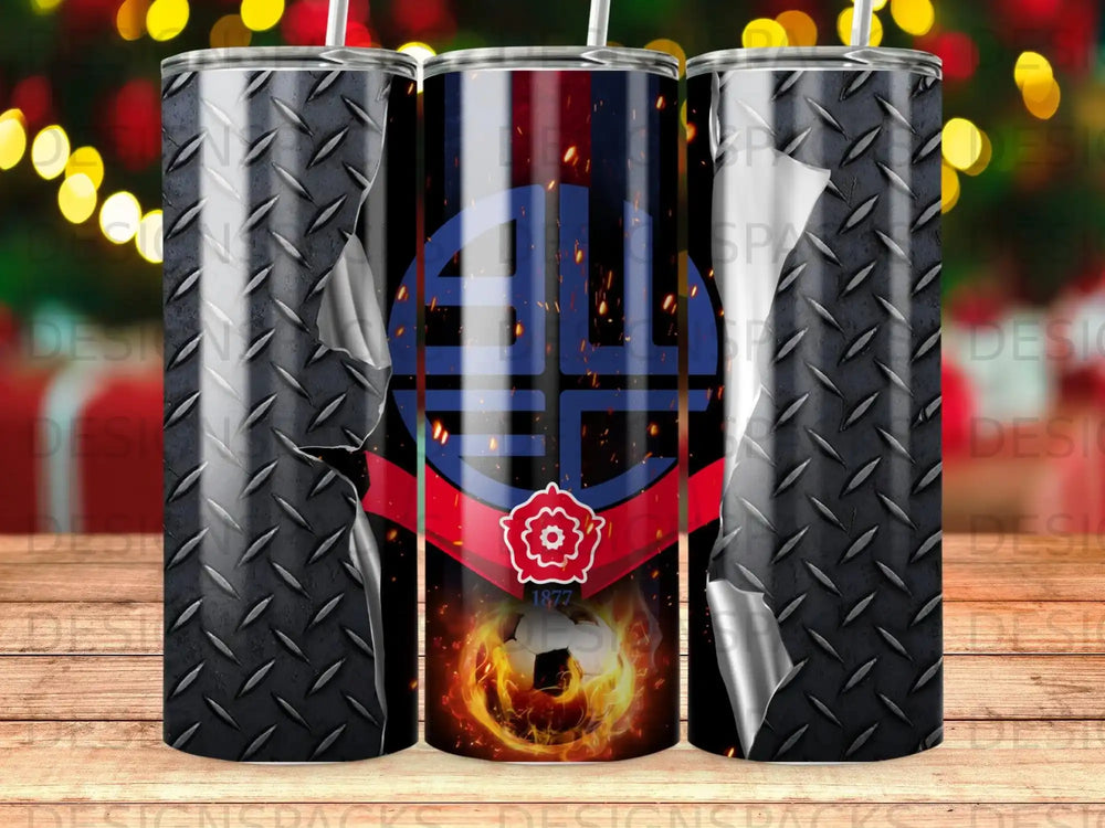 Bolton Wanderers FC logo on a diamond plate background with a soccer ball on fire.