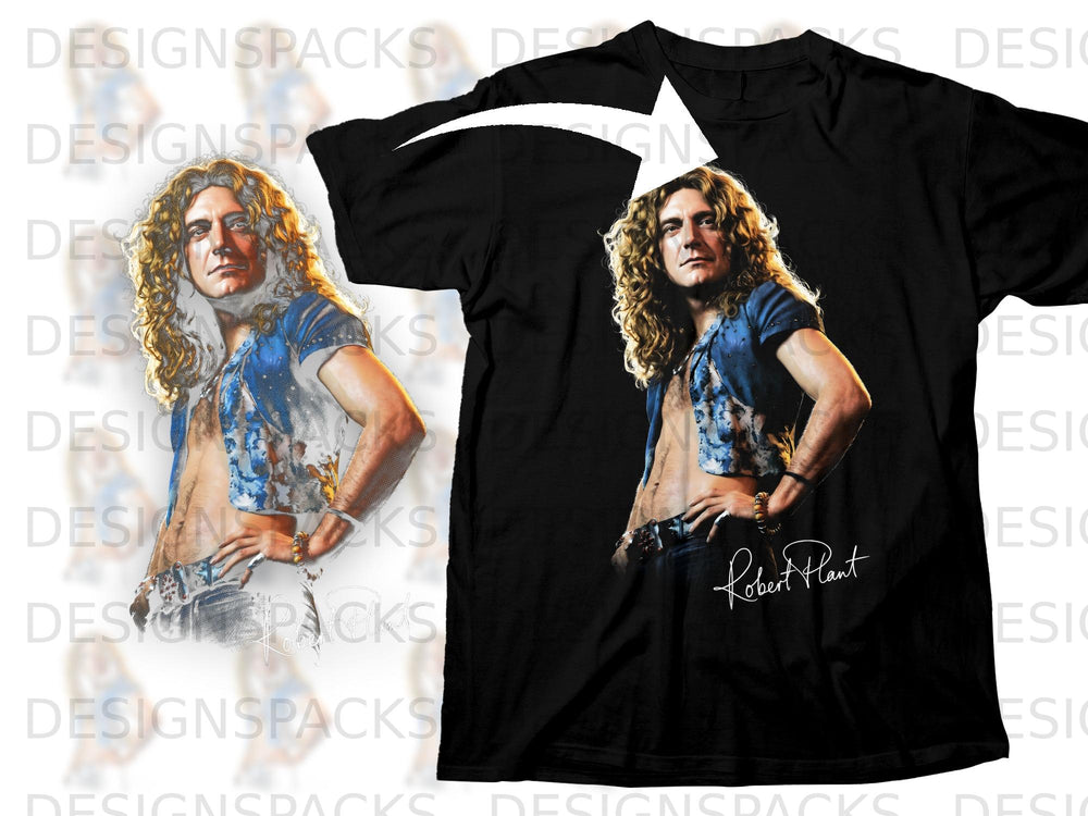 Black t-shirt with a graphic of Robert Plant and his signature.