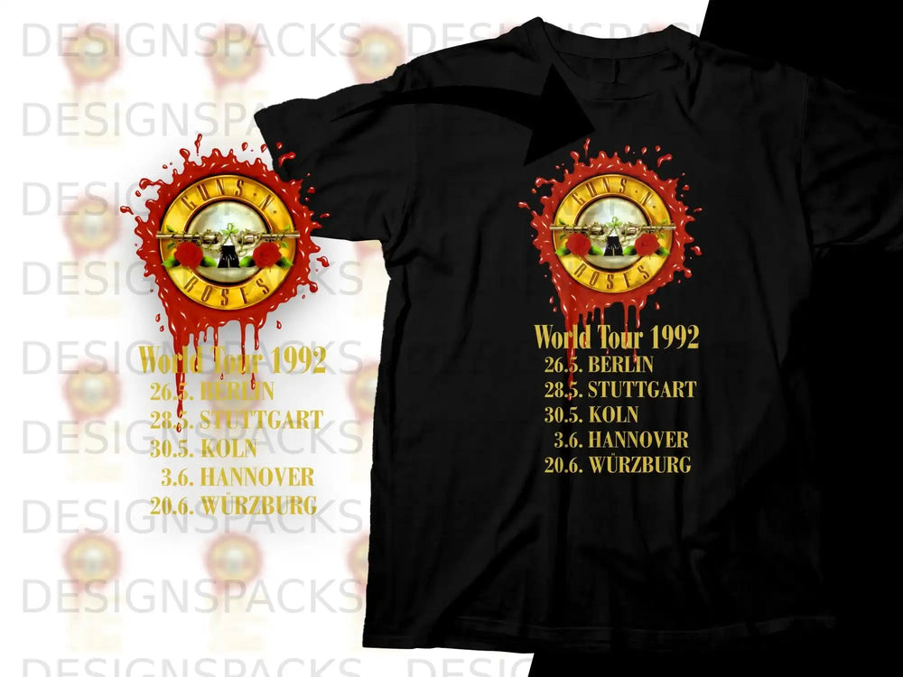 Guns N' Roses World Tour 1992 t-shirt with skull and roses logo.