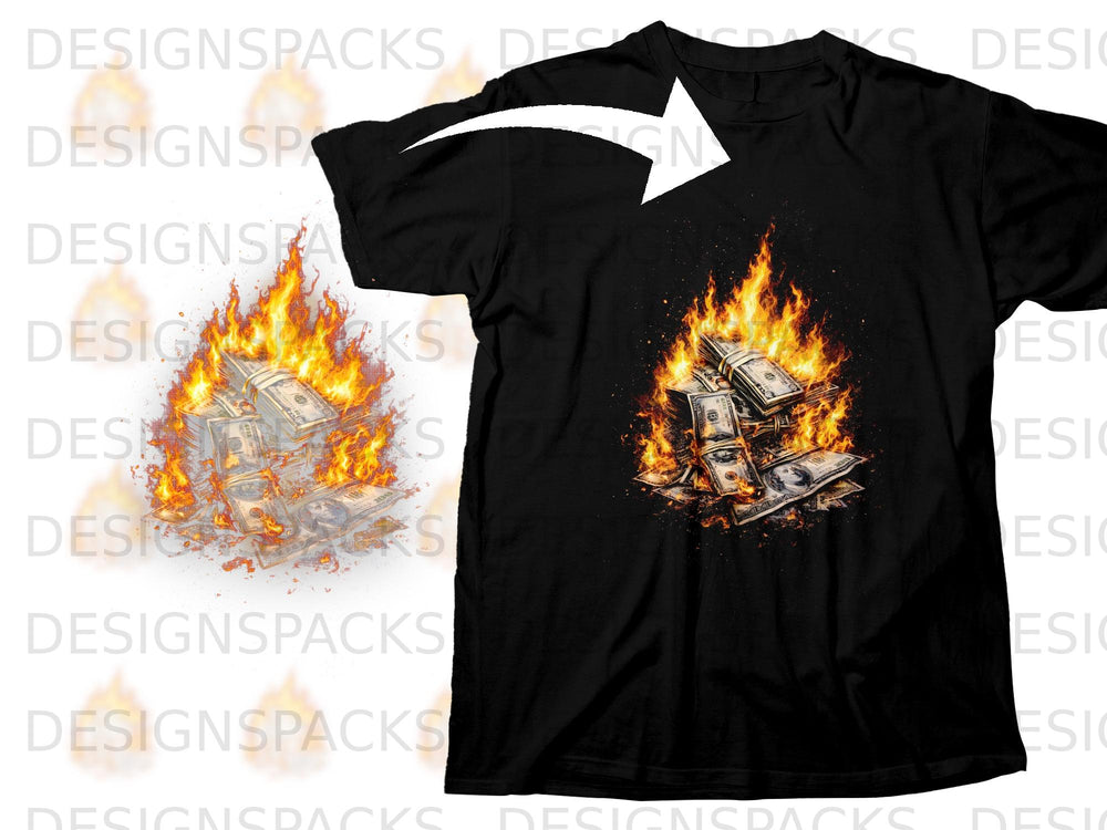 Black t-shirt with a graphic of burning money stacks and flames.