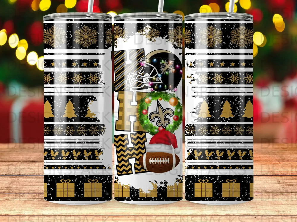 Holiday design tumbler featuring "Ho Ho Ho" text and football accents.