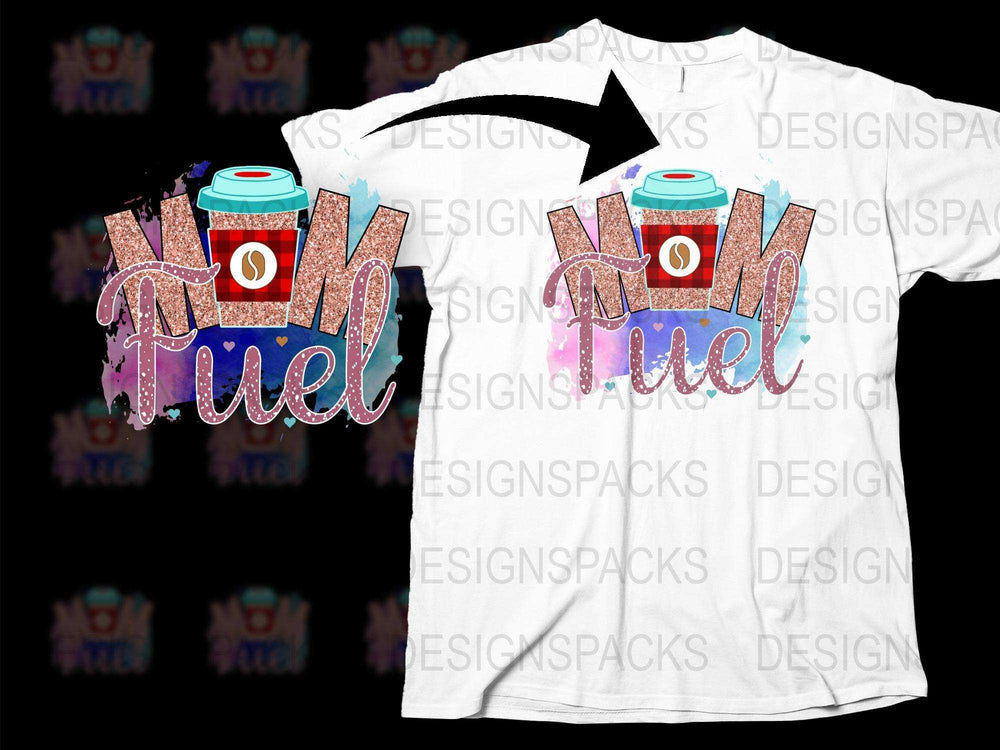 Mom Fuel T-Shirt, Colorful Glitter Coffee Cup Graphic, Comfy Casual Women's Tee, Gift for Her