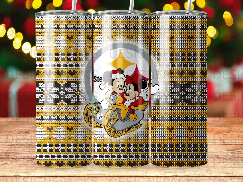 Mickey and Minnie Mouse in Steelers sleigh on a gold, black, and white snowflake knit pattern.