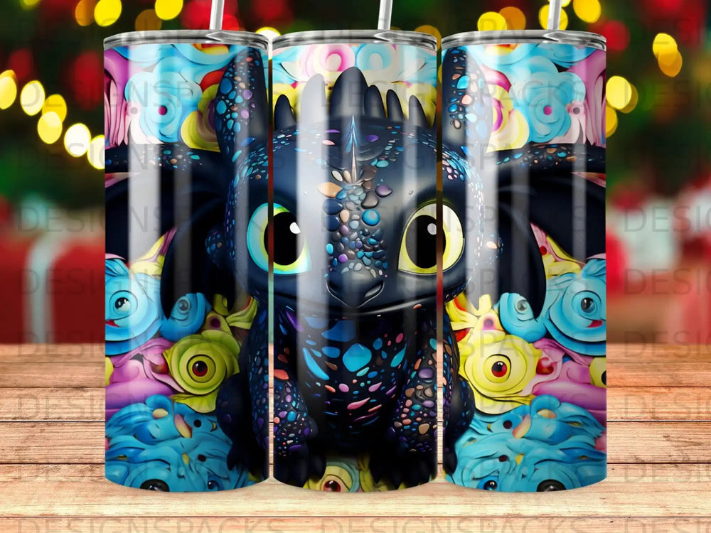 Cute dragon character with colorful floral background on tumbler.