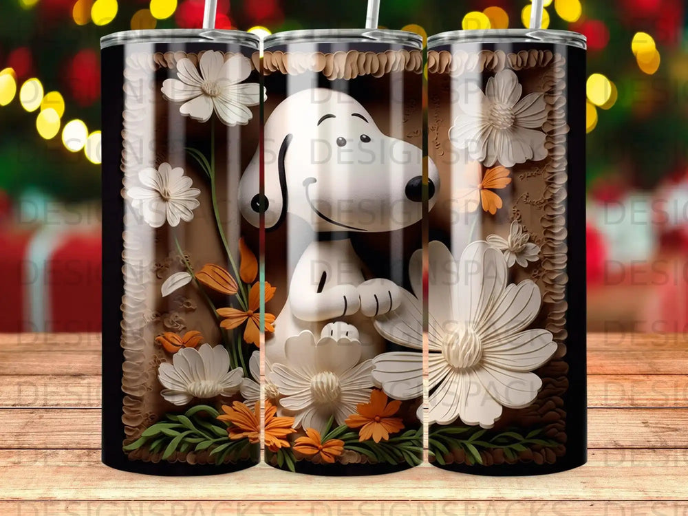 Snoopy surrounded by white flowers and leaves on a dark background.