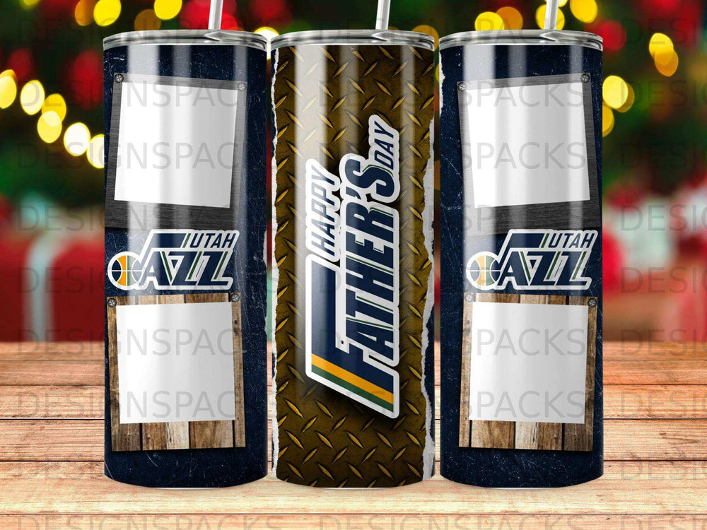 Happy Father's Day Utah Jazz tumbler with wood and diamond plate background.