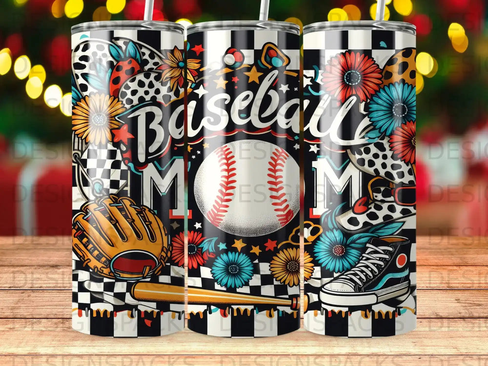 Baseball tumbler with glove, bat, ball, flowers, and checkered pattern.