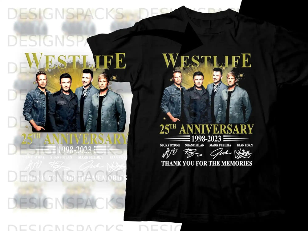Westlife 25th Anniversary t-shirt with band members and signatures.