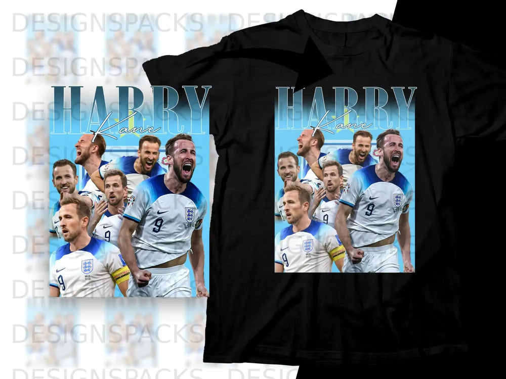 Black t-shirt featuring Harry Kane and England team graphic.