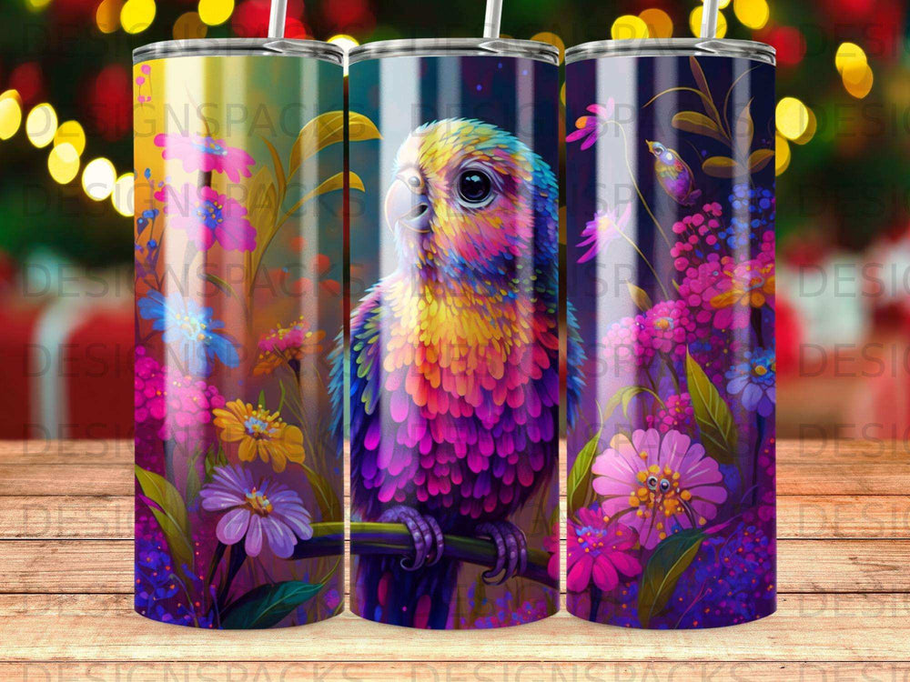 Colorful parrot on a branch with floral accents.