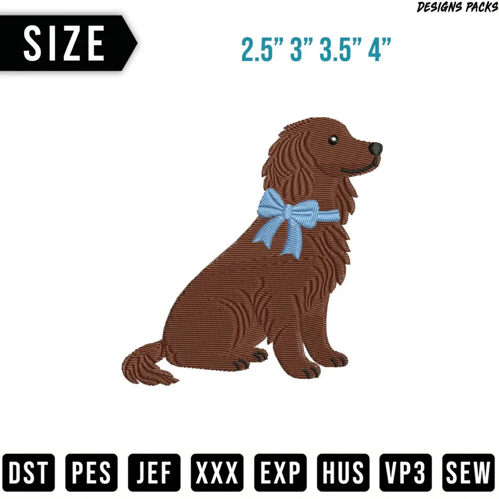 Brown dog with a blue bow, available in multiple sizes.