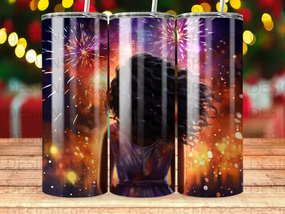 Woman's back with colorful fireworks exploding behind her.