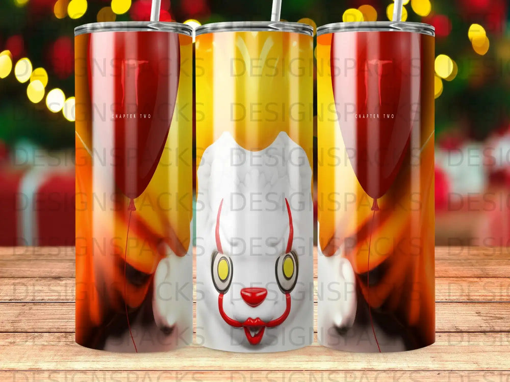 Pennywise from Stephen King's It on a tumbler, "Chapter Two" text.