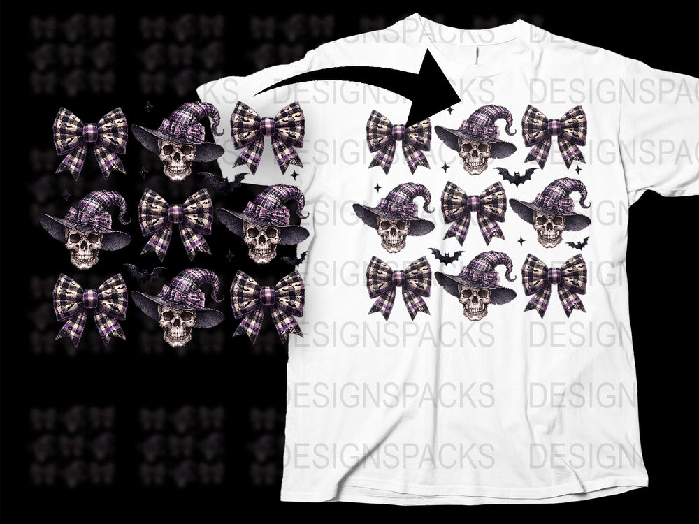 Goth Inspired T-Shirt with Purple Skulls and Bows, Trendy Dark Fashion, Unisex Graphic Tee