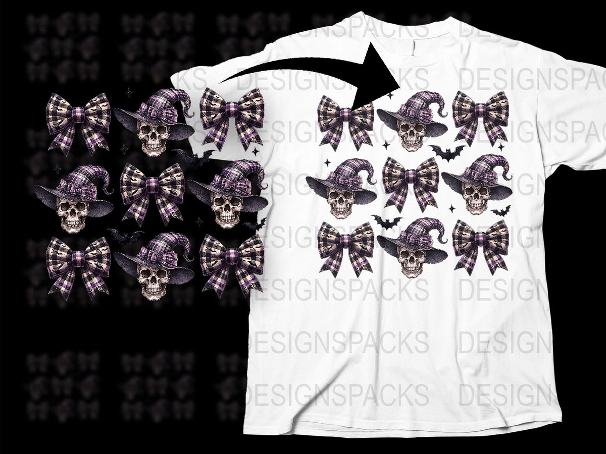 Goth Inspired T-Shirt with Purple Skulls and Bows, Trendy Dark Fashion, Unisex Graphic Tee