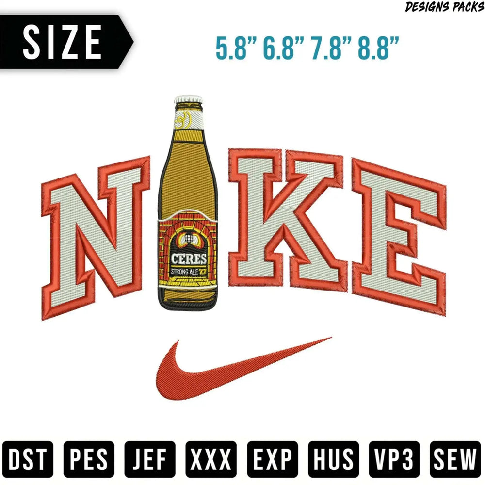Nike logo embroidered on a beer bottle, with size and file format options.