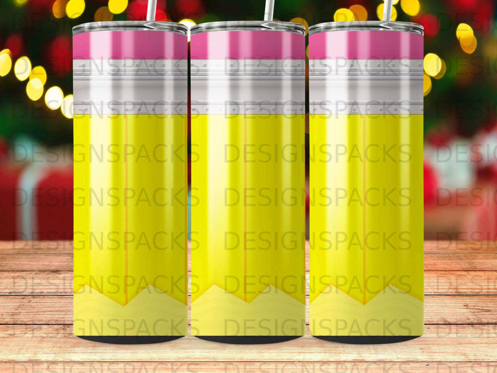 Three yellow tumblers with pink and white striped lids and straws.