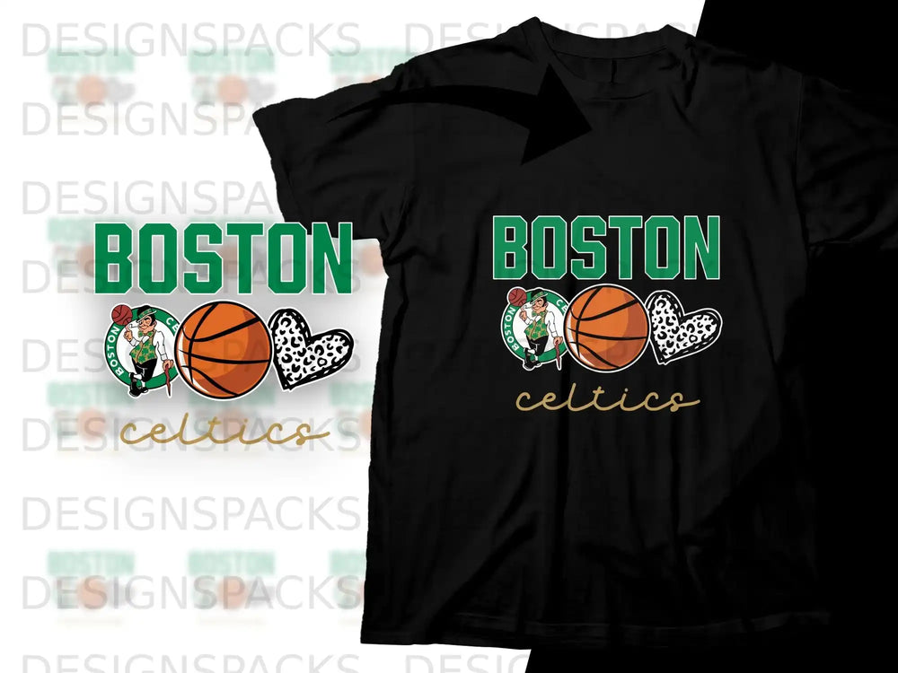 Black t-shirt with "BOSTON Celtics" and basketballs, one with a heart pattern.