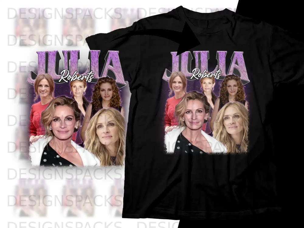 Collage of Julia Roberts portraits on a black t-shirt.