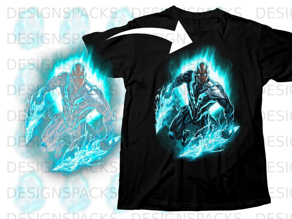 Black t-shirt featuring a superhero with glowing blue energy and lightning effects.