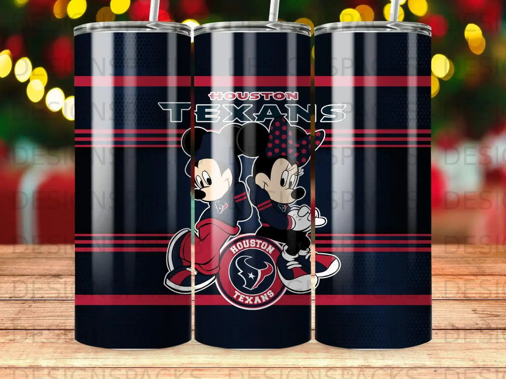 Houston Texans Mickey and Minnie Mouse on navy blue and red striped tumbler.