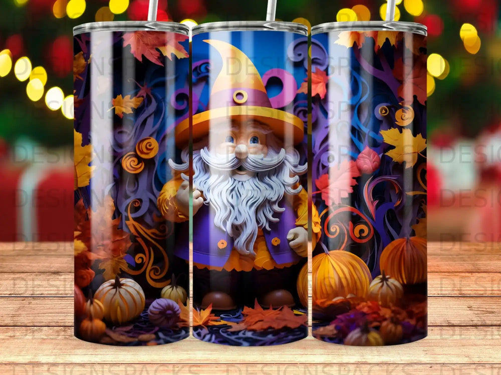 Gnome in wizard hat and autumn leaves, pumpkins, and fall foliage.