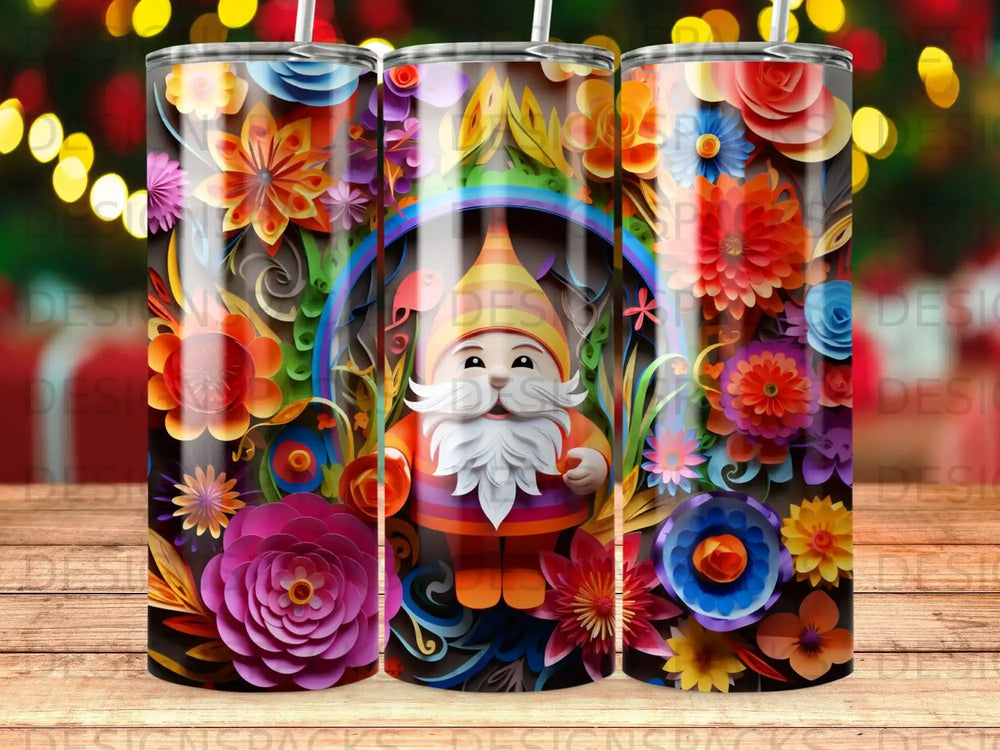 Gnome with colorful floral decorations and rainbow, a tumbler design.