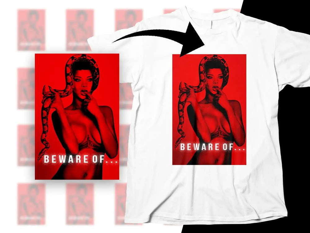 Beware of... bold red t-shirt design with snake and woman graphic, print-ready PNG