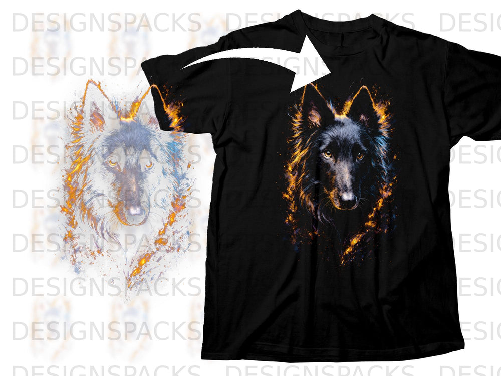 Black t-shirt with a stylized wolf graphic and fiery accents.
