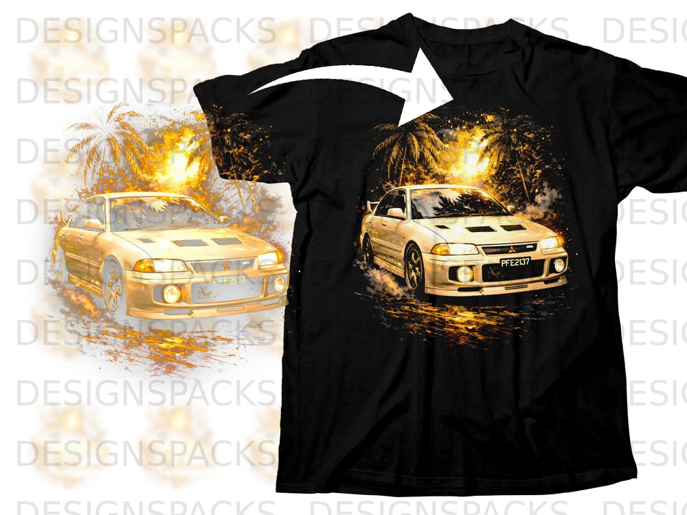 Black t-shirt featuring a white Mitsubishi Lancer Evo with flames and palm trees.