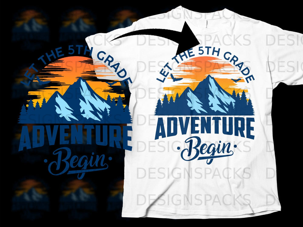 "Let the 5th Grade Adventure Begin" graphic with mountains and sunset.