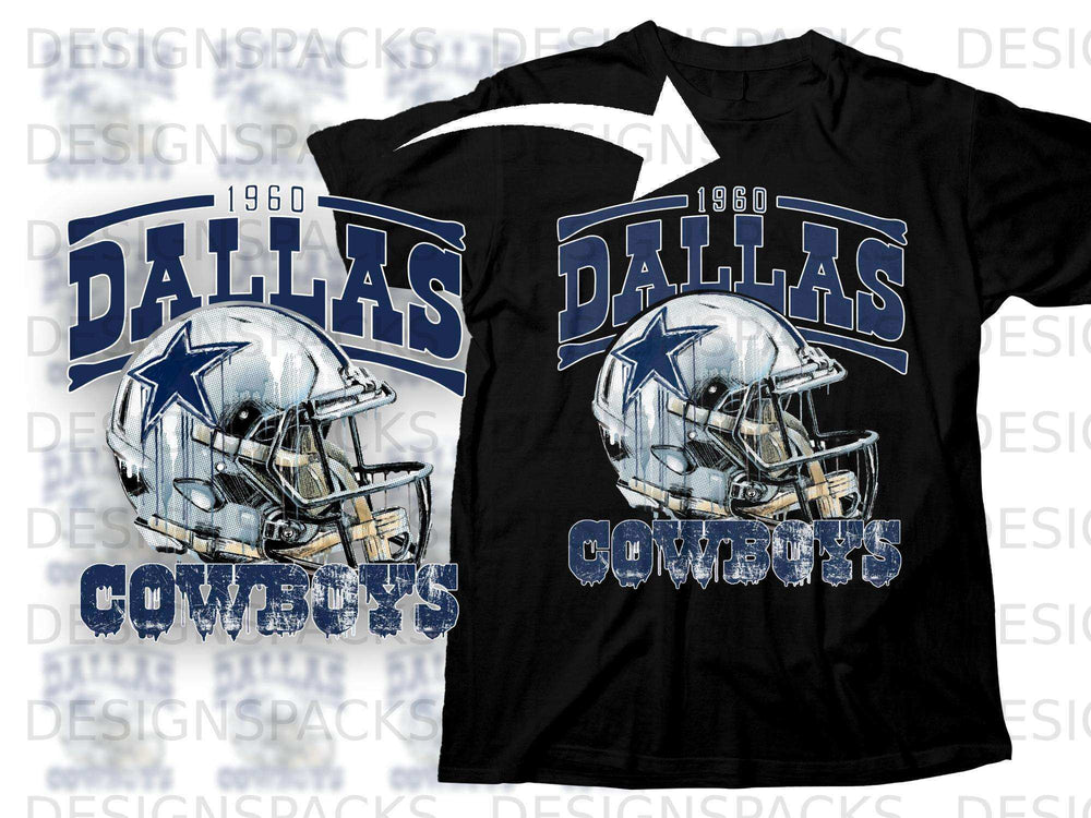 Dallas Cowboys helmet and text on a black t-shirt.