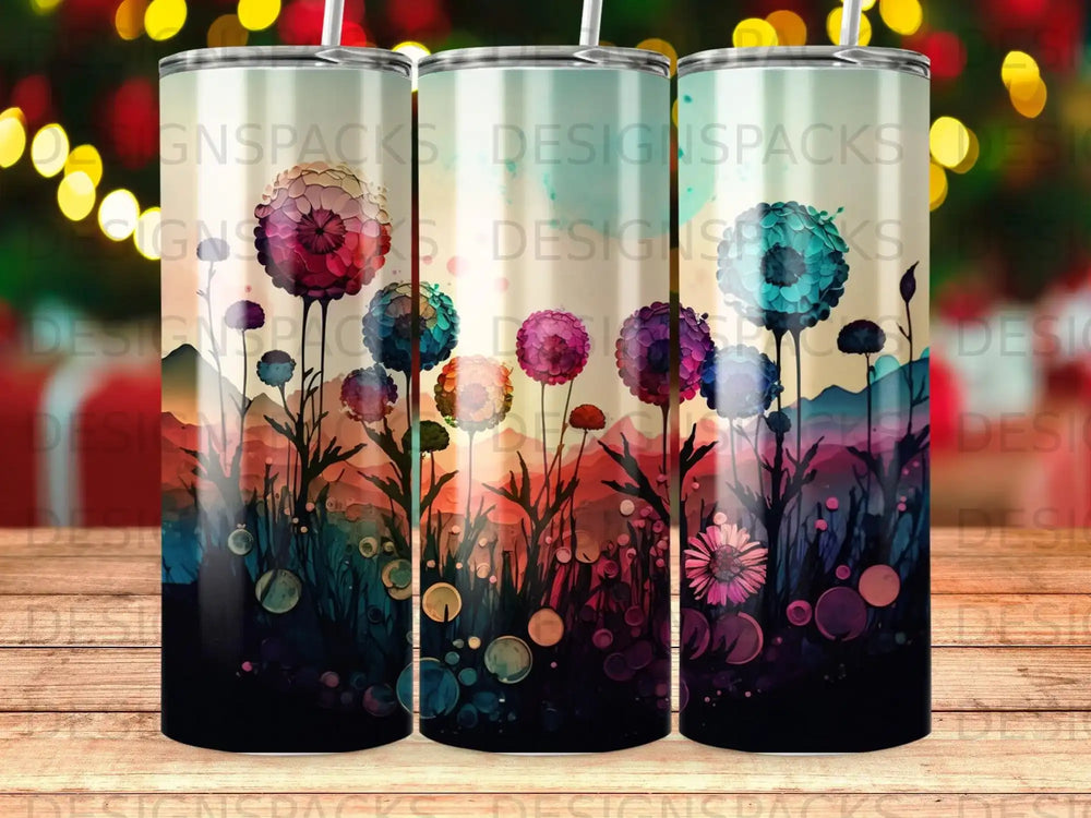 Floral pattern with vibrant abstract flowers and circular accents.