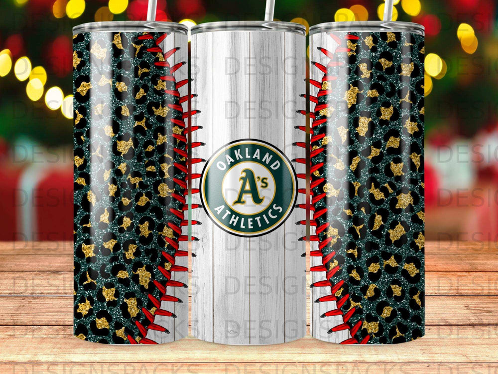 Oakland Athletics baseball logo on a tumbler with a leopard print and stitching design.