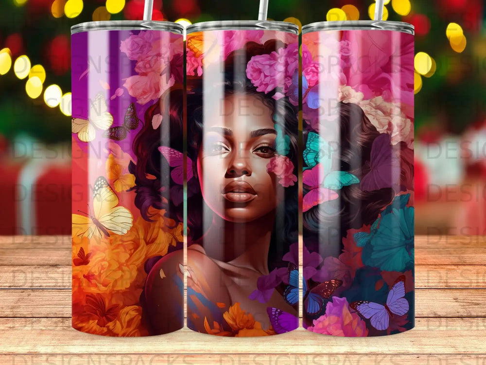 Woman with flowers and butterflies on a purple gradient background tumbler.