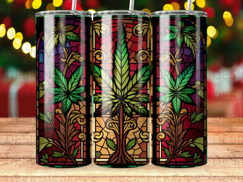 Stained glass design featuring cannabis leaves and ornate scrollwork.