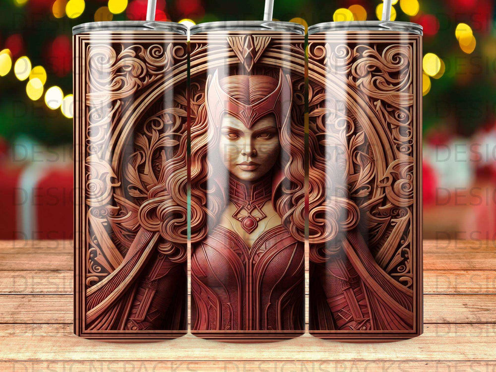 Scarlet Witch illustration with ornate, circular, wood-textured background.