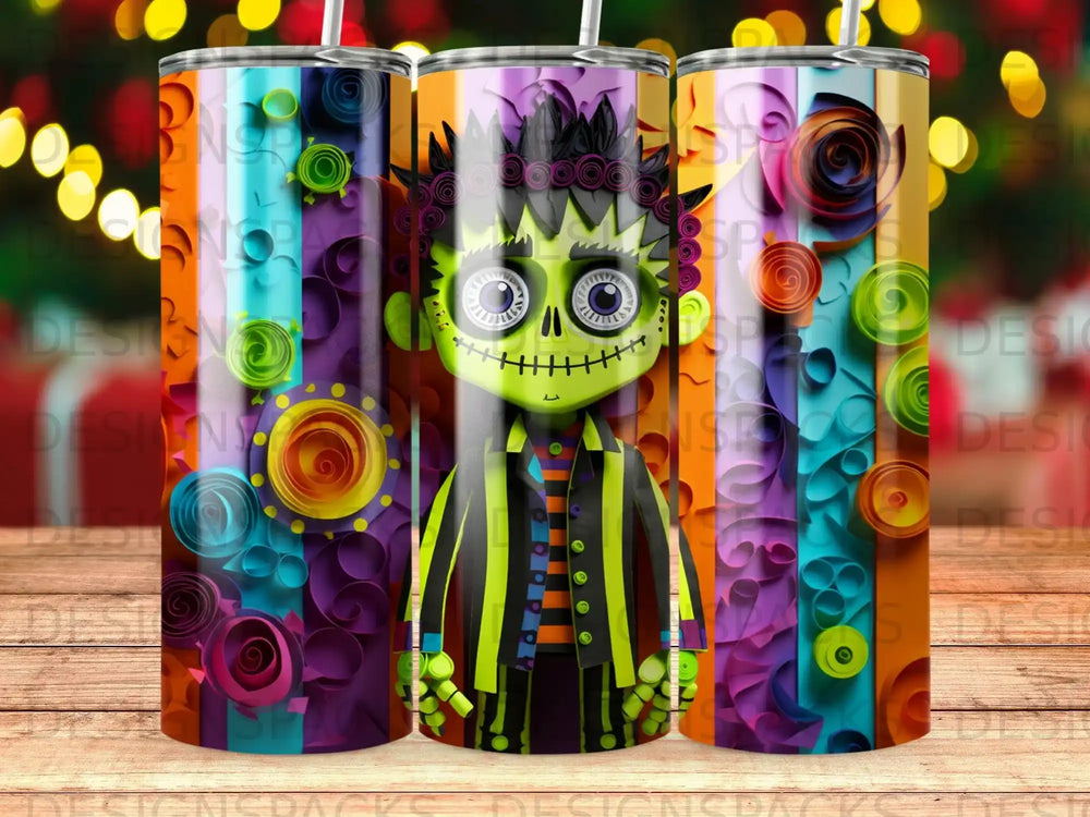 Frankenstein's monster illustration on a colorful, rolled paper background.